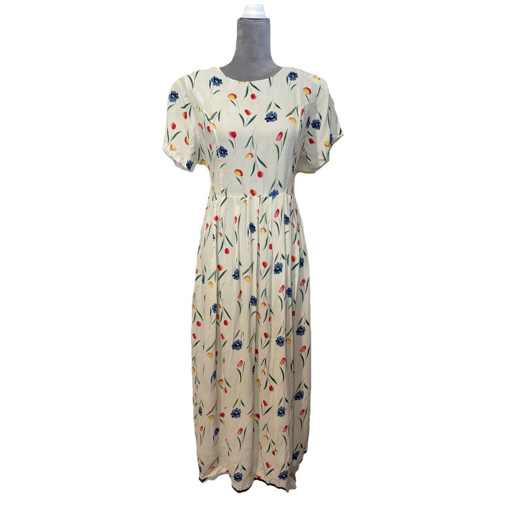 NWT Vintage 90s Rayon Dress Floral Fairy Midi Tie Waist Modest Sz 10 Cottage
